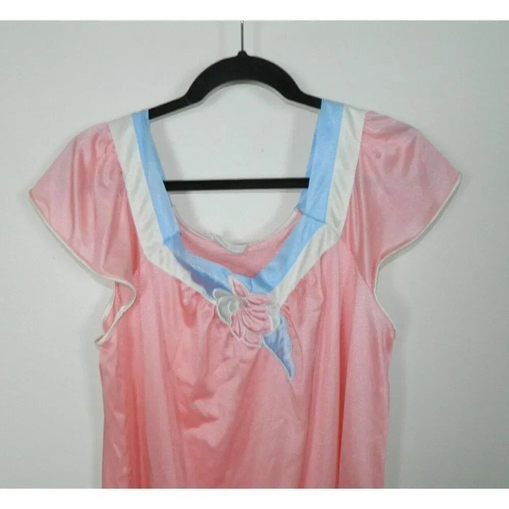 Vanity‎ Fair Nightgown Size Large Pink Blue Nylon Vintage Cap Sleeve